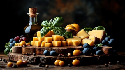 Assorted cheeses with fruits and herbs on a wooden board.