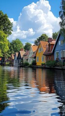 Obraz premium Colorful riverside houses reflected on the water under clear skies in a peaceful town
