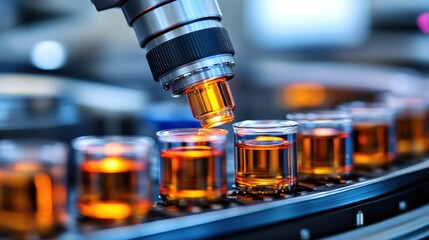 Automated liquid filling in a factory.