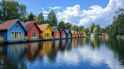 Obraz premium Colorful riverside houses reflected on the water under clear skies in a peaceful town