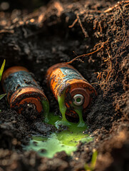 Obraz premium Rusty, toxic batteries degrading in soil, showcasing environmental damage.