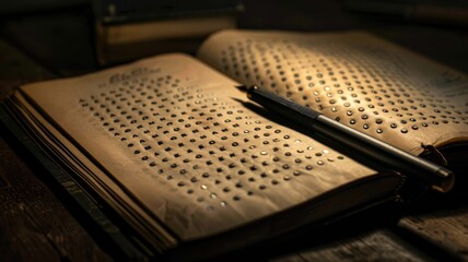 Vintage morse code book with pen in dramatic lighting