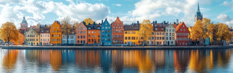 Fototapeta premium Colorful riverside houses reflected on the water under clear skies in a peaceful town