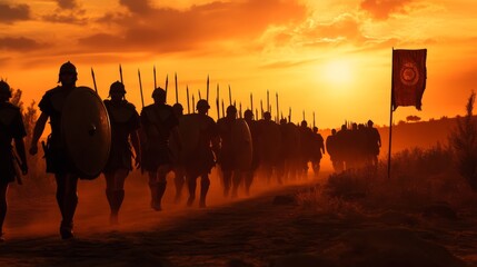 Silhouetted legionnaires march across a dusty landscape at sunset.