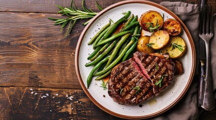 A tempting plate of beef tenderloin steak cooked to perfection, served with roasted potatoes and sautéed green beans