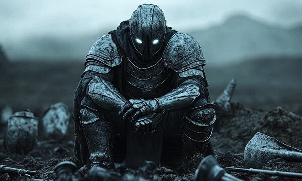 Dark Warrior Knight in Battle Armor Sitting on the Ground Amidst a War-Torn Landscape with Mysterious Blue Glowing Eyes and a Sinister Atmosphere