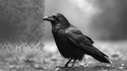 Raven, bird, wildlife, nature, black color, standing posture, outdoor setting, blurred background, natural habitat, intriguing features, captivating image