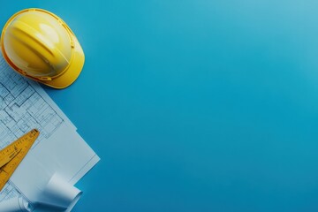 Yellow construction helmet with architectural blueprints and a rule on blue background with copy space.