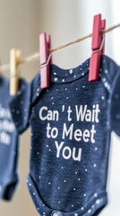 Fototapeta premium Baby clothes with text Can’t wait to meet you.