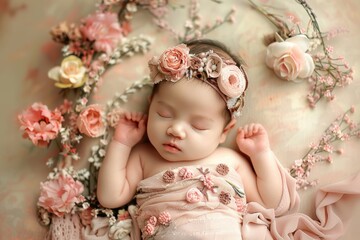 Fototapeta premium Smiling newborn baby in a cozy outfit, lying on a soft blanket