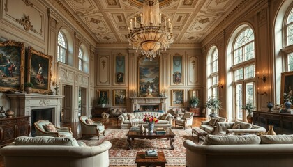 A luxurious living room with ornate decor, a grand chandelier, and classic paintings. The sophisticated interior exudes elegance, timeless design, and refined style