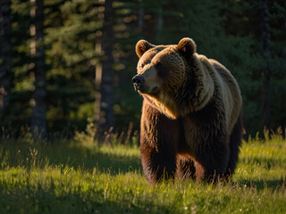 Fototapeta premium A bear in the sunlight near a dense forest.