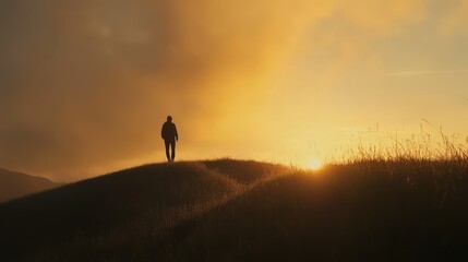 Silhouetted man walking on grassy hill at sunset.