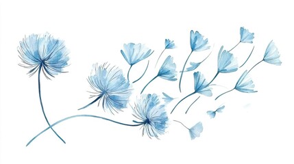 Ethereal painting watercolor background concept. Ethereal Dandelion Illustration in Soft Blue Tones