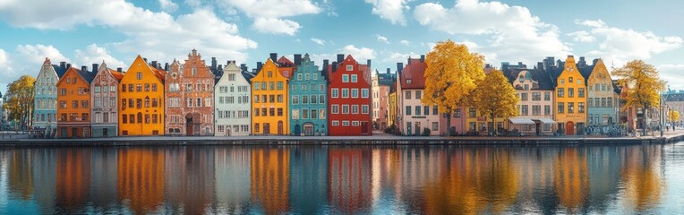 Fototapeta premium Colorful riverside houses reflected on the water under clear skies in a peaceful town