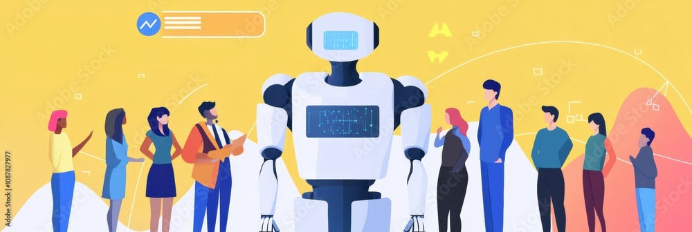 Aufkleber A diverse group of individuals stands together, interacting with an abstract AI system that promotes teamwork and creativity. Generative AI