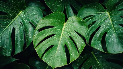 Tropical green leaves monstera background concept. Monstera Leaves with Dew Drops on Green Background