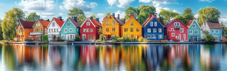 Obraz premium Colorful riverside houses reflected on the water under clear skies in a peaceful town