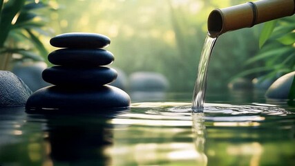Calmness and tranquility flow from a bamboo fountain into still water surrounded by stones and greenery