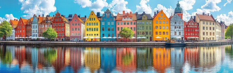 Naklejka premium Colorful riverside houses reflected on the water under clear skies in a peaceful town