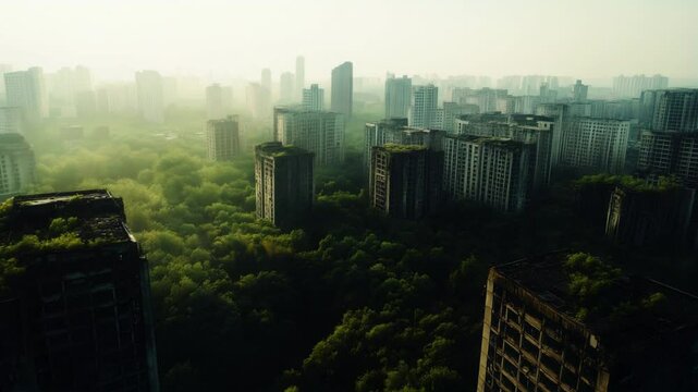 Aerial perspective of a forsaken metropolis overgrown skyscrapers in a post apocalyptic landscape
