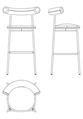 Bar Chair, Bar stool editable vector illustration on white background. chair Line art, clip art, Fancy Chair, Hand-drawn design elements with Front, Side, and Top Views
