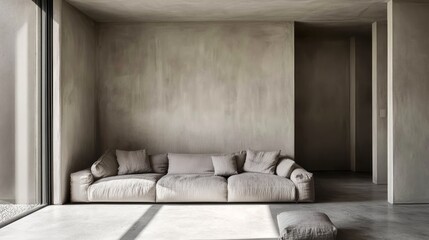 Minimalist Living Room With Neutral Sofa And Concrete Walls