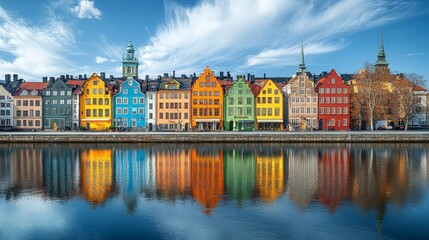 Obraz premium Colorful riverside houses reflected on the water under clear skies in a peaceful town