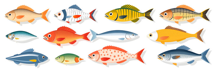 Different fishes set. Seafood. Flat style cartoon fish collection. Vector set for package, label, menu. Vector illustration. Generative AI