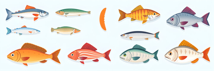 Different fishes set. Seafood. Flat style cartoon fish collection. Vector set for package, label, menu. Vector illustration. Generative AI