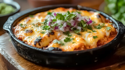 Cheesy baked casserole with cilantro and red onion garnish in a cast iron skillet. Comfort food, hearty dishes, cheesy indulgence, family dinner