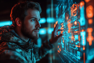 A farmer uses futuristic holographic technology in modern agriculture