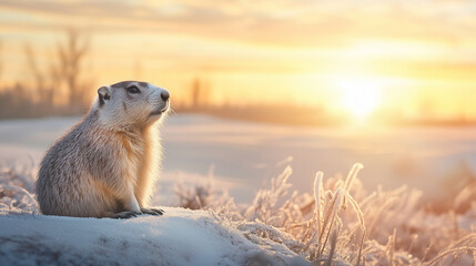 Obraz premium Groundhog Sitting on Snowy Rock at Sunset in Winter Landscape 