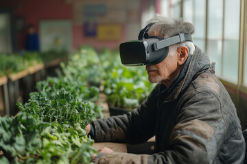 Fototapeta premium Farmer explores virtual reality technology while tending crops indoors