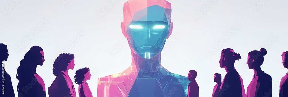 Aufkleber A diverse group of individuals stands in front of an abstract AI system, discussing technology and innovation initiatives together. Generative AI