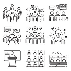 Modern Minimalist Vector Icons Set for Meeting Types: Roundtable, Brainstorming, Teamwork, Seminar, and Video Conference