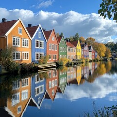 Fototapeta premium Colorful riverside houses reflected on the water under clear skies in a peaceful town
