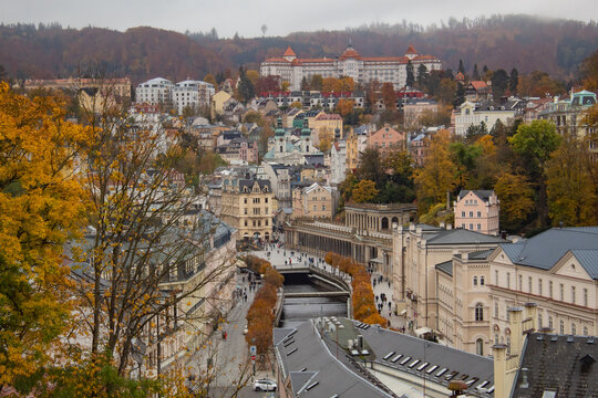 Top view of the main street, the Orze River, thermal springs, in the Czech healing town of Karlovy Vary, in autumn