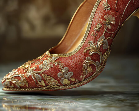 Elegant red shoe with intricate gold floral design