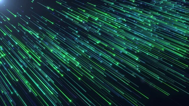 Glowing green blue lines streak across dark background.