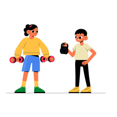 Sport Children With Dumbbells And Kettlebell In Flat Vector Illustration Symbolizing Fitness, Strength Training, And Active Lifestyle, Isolated On White Background