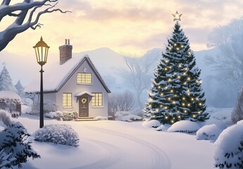 A vintage beautiful british cottage decorated for christmas with a beautiful christmas tree infront of it, festive rural winter landscape, watercolor style