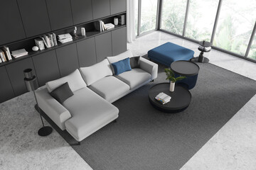 Modern Living Room Design with Grey and Blue Accents. 3D Rendering