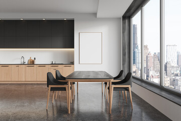 Blank poster on wall in modern dining room, wooden furniture, large window view, urban setting. 3D Rendering