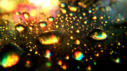 Fototapeta premium Ethereal Beauty of Nature: Raindrops Shimmering Like Rainbows on a Spider Web Captured in Breathtaking Detail