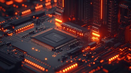 Obraz premium Close-up of a computer motherboard with glowing lights.