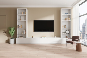 Minimalist living room featuring TV, white bookshelves, chair, and plant against a beige wall, large window view. Concept of modern home. 3D Rendering