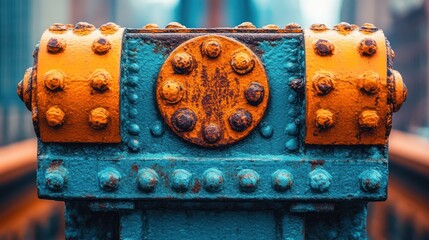 Close-up of a colorful industrial bridge detail.