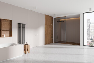 Modern Bathroom Interior Design with City View. 3D Rendering