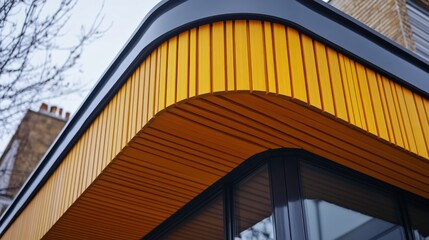 Fototapeta premium Close-up of a curved yellow wood panel exterior wall on a building with a black frame window.